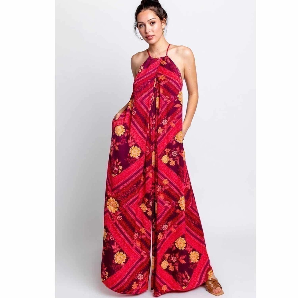 Free People Luca Floral Halter Neck Wide Leg Jumpsuit Size Small